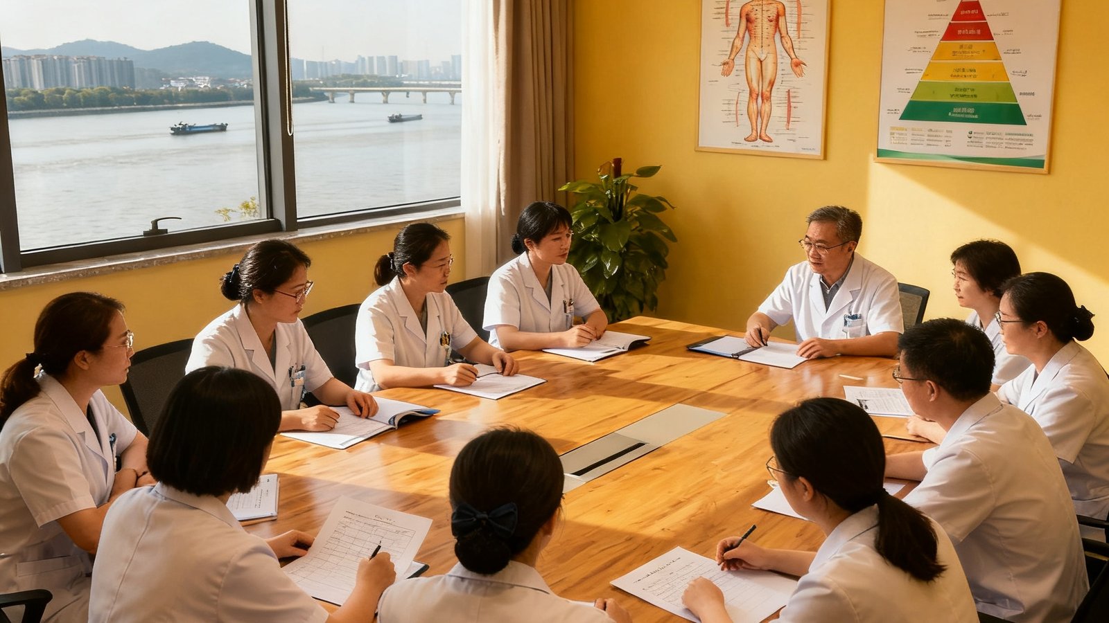 彩神Vll杭州总部办公室内景，十几位健康管理师围坐在原木色会议桌旁进行案例讨论，墙上挂着人体经络图和营养膳食金字塔海报，窗外可见钱塘江景，整个空间充满专业而温馨的氛围。