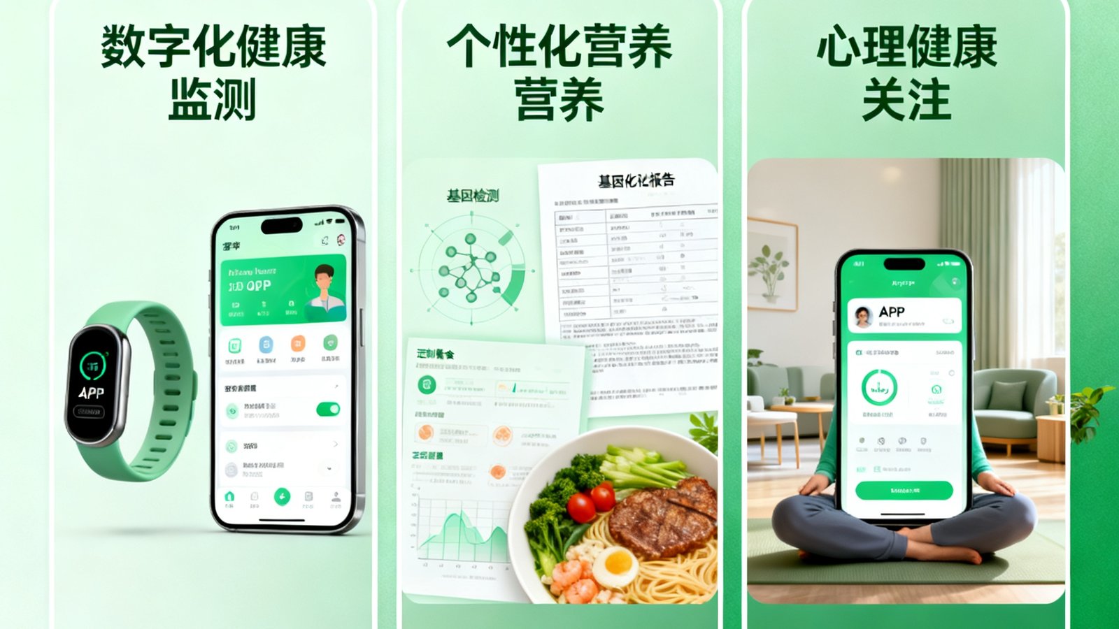 一张展示2025年健康管理趋势的信息图表，包含数字化健康监测、个性化营养、心理健康关注等关键词，设计采用清新的绿色渐变背景。