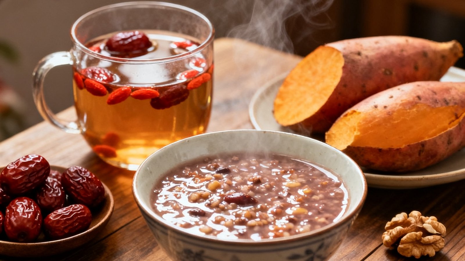 冬季营养膳食搭配的实拍图片，木质餐桌上摆放着红枣枸杞茶、蒸红薯、核桃仁和一碗热气腾腾的杂粮粥，暖色调光线营造出温馨的冬日氛围。
