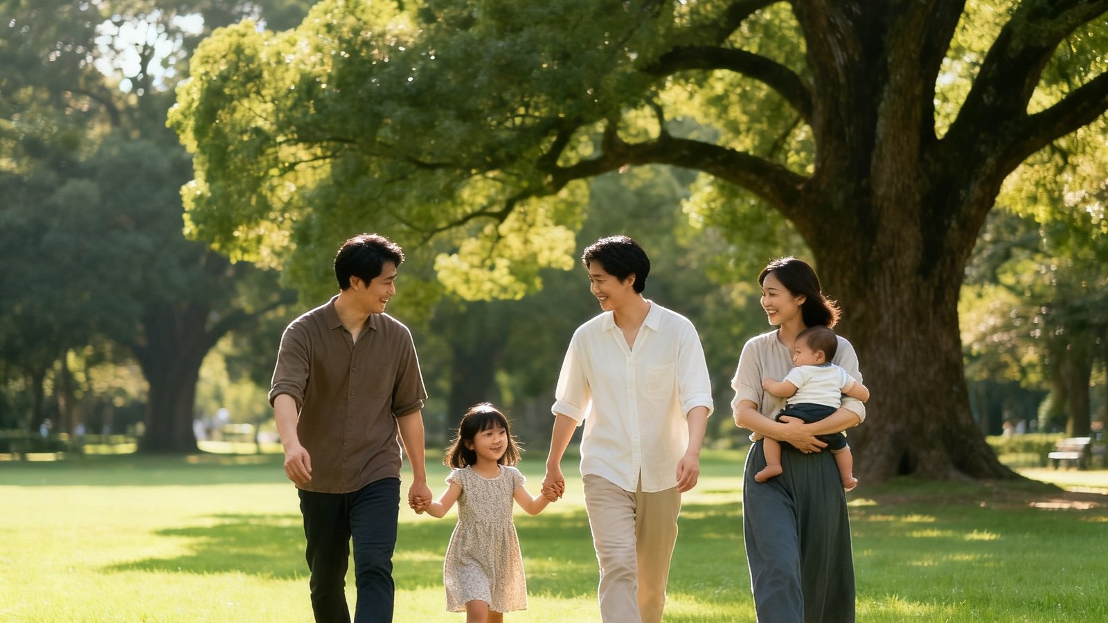 一家四口在阳光明媚的公园中携手散步，父亲牵着女儿的手，母亲抱着幼子，背景是翠绿的草坪和高大的香樟树，画面传递出温暖、健康、幸福的生活氛围。