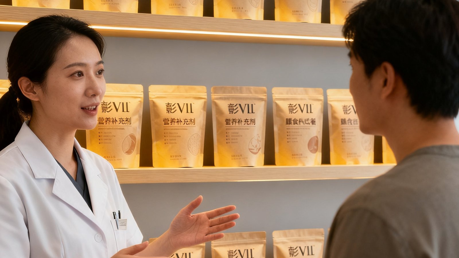 展示架上整齐排列着彩神Vll自主研发的营养补充剂和膳食代餐产品，包装采用环保可降解材料，设计简洁大方，暖色灯光下产品质感突出，一位营养师正在向顾客讲解产品成分。