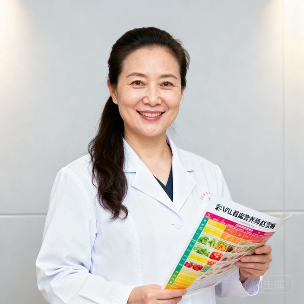 彩神Vll首席营养师赵雪梅女士，约38岁，身穿白色专业工作服，长发束起，面带专业而亲切的微笑，手中拿着一份彩色营养膳食方案样本。