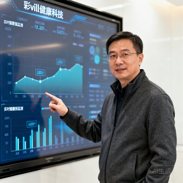 彩神Vll健康科技总监王建明博士，约42岁，穿着深灰色休闲西装，站在公司数据大屏前，屏幕上展示着实时健康数据监测图表，他正用手指着某项指标进行讲解。