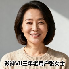 一位40岁左右的中国女性微笑着面对镜头，齐肩短发，穿着米色针织衫，气质温婉知性，她是彩神Vll三年老用户张女士。